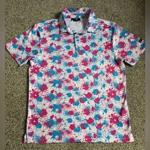 Men’s Green Side Golf Pink Blue Paint Splotches Performance Golf Shirt Large